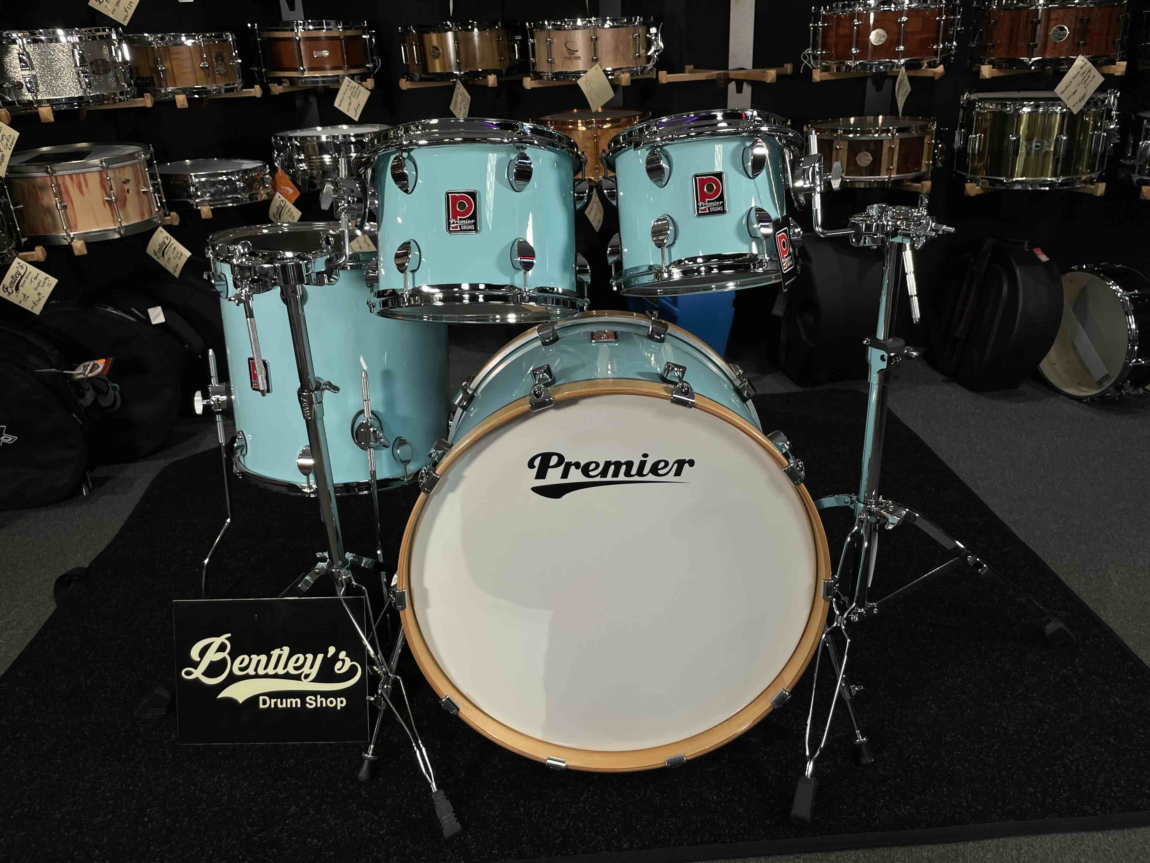 ~NEW~ Premier Elite Maple/Birch Hybrid 4-Piece 10/12/16/22 Drum Kit Set in Baby Blue Lacquer w/ Natural Gloss Bass Drum Hoops